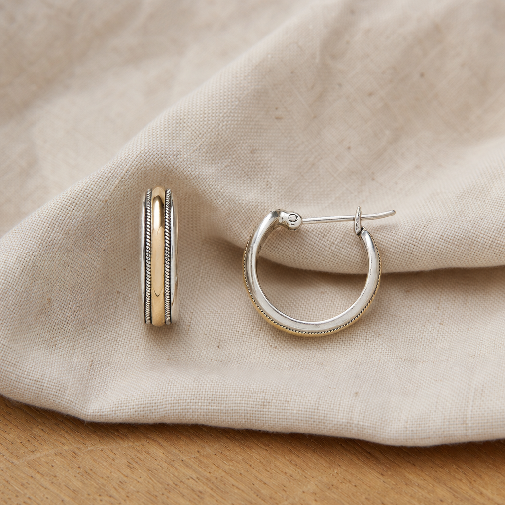 Vintage Golden Line Silver Hoop Earrings