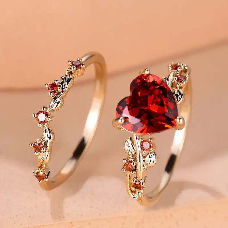 Red Heart Gold Ring Set